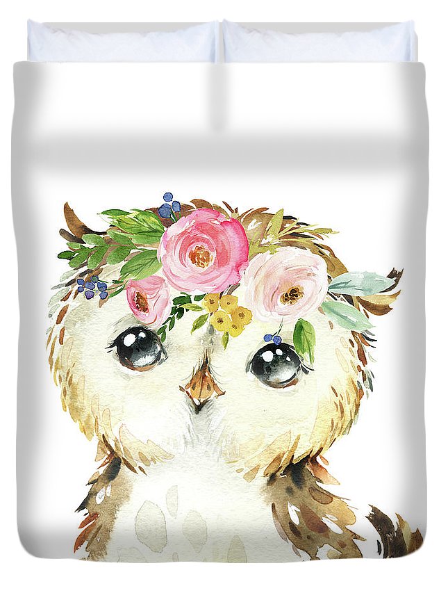 Watercolor Woodland Owl Wall Art Print Tapestry - Duvet Cover