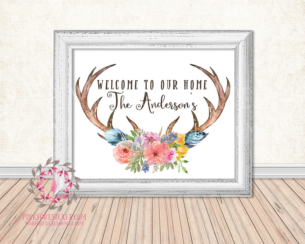 Personalized Welcome To Our Home Boho Antlers Woodland Printable Print