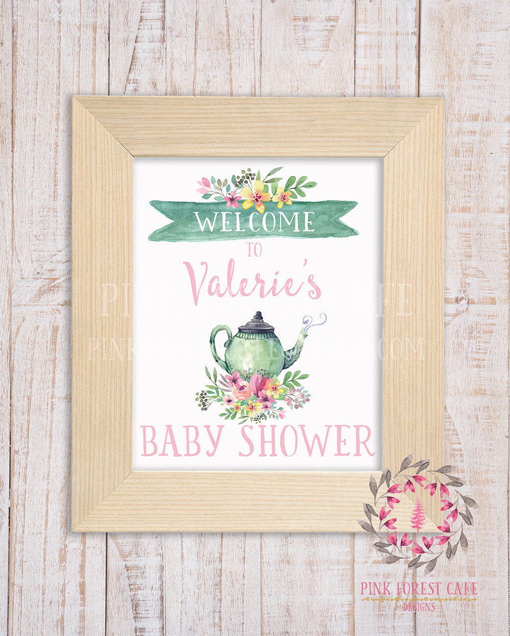 Personalized Tea Party Teapot Boho Floral Baby Bridal Shower Welcome to Birthday Party Supply Decor Printable Sign Poster Print Wall Art