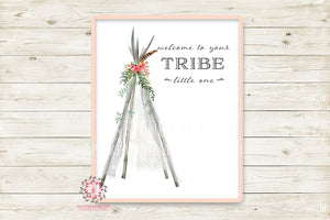 Welcome To Your Tribe Little One Tribal Teepee Boho Wall Art Print Baby Girl Nursery Room Watercolor Printable Feathers Decor