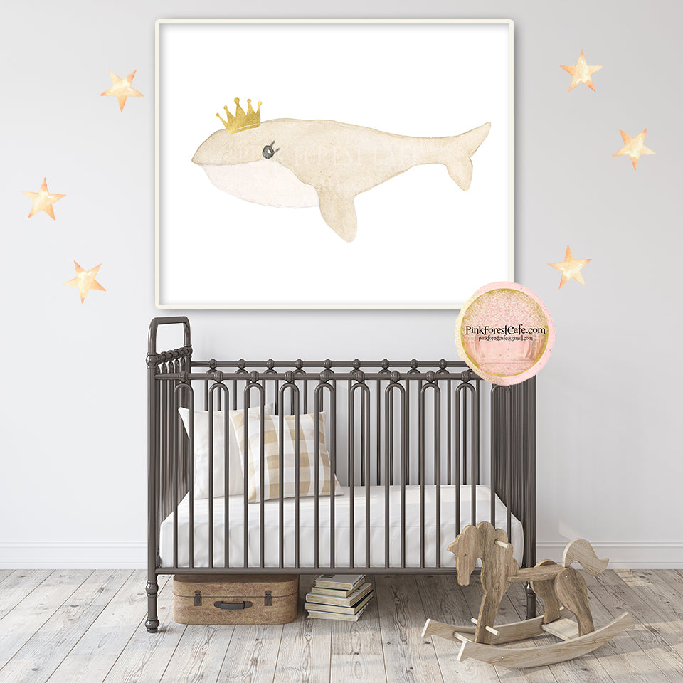 Boho Whale Crown Wall Art Print Watercolor Baby Boy Girl Nursery Exclusive Printable Decor