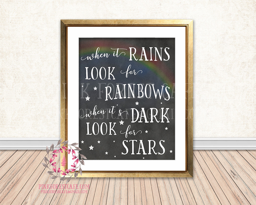 When It Rains Look For Rainbows Chalkboard Woodland Nursery Baby Kids Room Printable Print Wall Decor