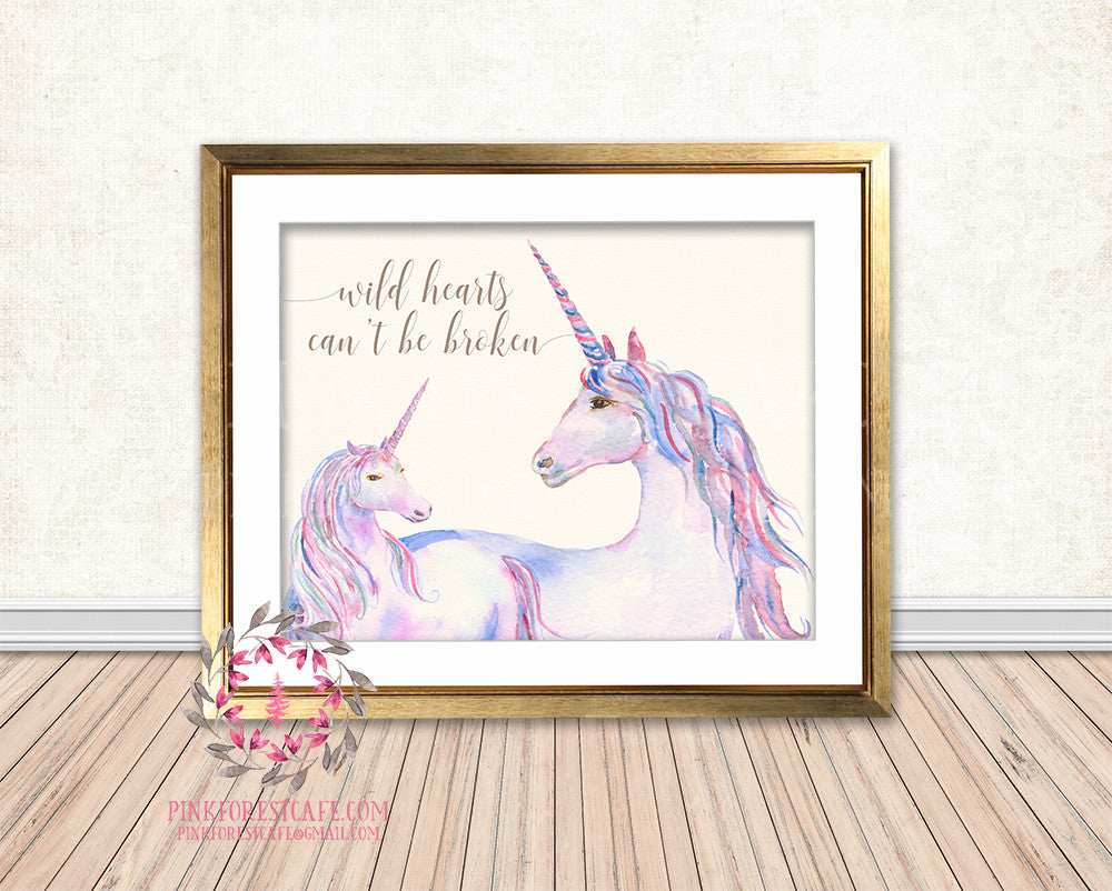 Unicorn Wild Hearts Can't Be Broken Baby Girl Boho Room Watercolor Printable Wall Art Nursery Print Decor