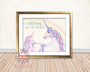 Unicorn Rainbow Wild Hearts Can't Be Broken Baby Girl Boho Room Watercolor Printable Wall Art Nursery Print Decor