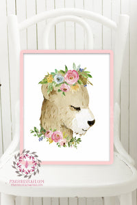 Boho Bear Woodland Animal Printable Wall Art Watercolor Print Baby Girl Nursery Watercolor Floral Decor