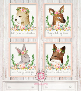 4 Deer Fox Bunny Rabbit Bear Woodland Boho Printable Print Wall Art Watercolor Bohemian Floral Nursery Baby Girl Room Set Lot Prints Home Decor