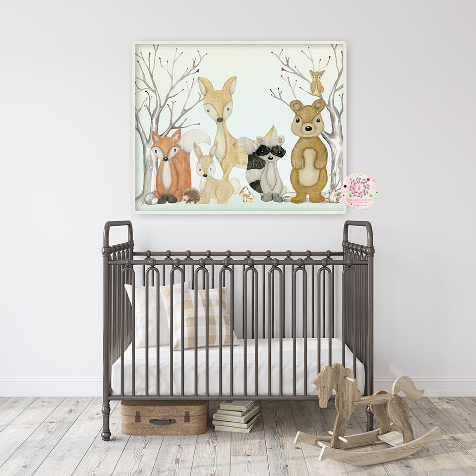 Woodland Animals Wall Art Print Deer Bunny Fox Bear Watercolor Baby Boy Gender Neutral Nursery Printable Decor