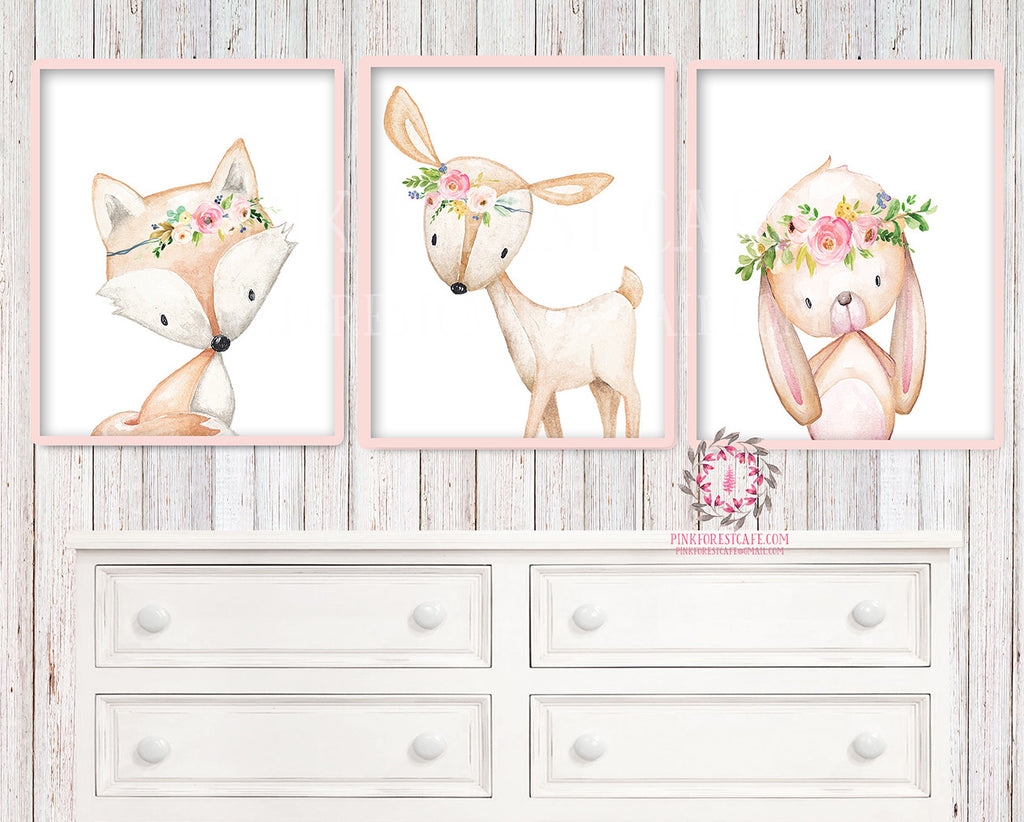 3 Deer Fox Bunny Rabbit Woodland Boho Bohemian Floral Nursery Baby Girl Room Set Lot Prints Printable Print Wall Art Home Decor