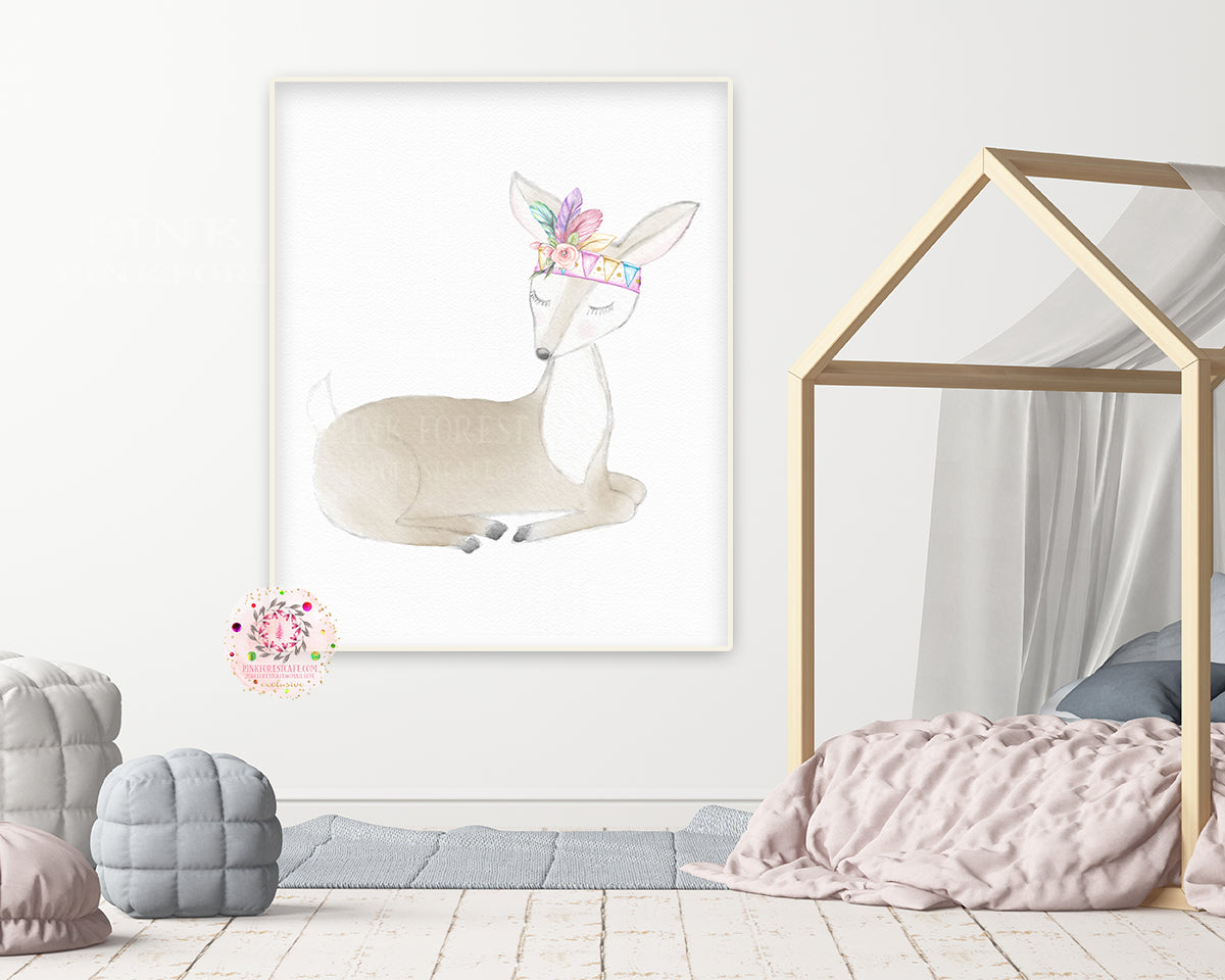 Woodland Boho Deer Wall Art Print Watercolor Baby Girl Nursery Rainbow ...