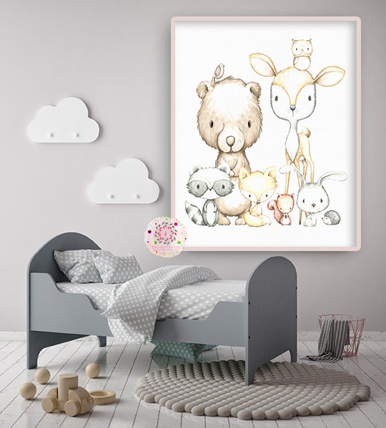 Exclusive Woodland Animals Wall Art Print Deer Bunny Fox Bear Hedgehog Watercolor Baby Gender Neutral Nursery Printable Decor