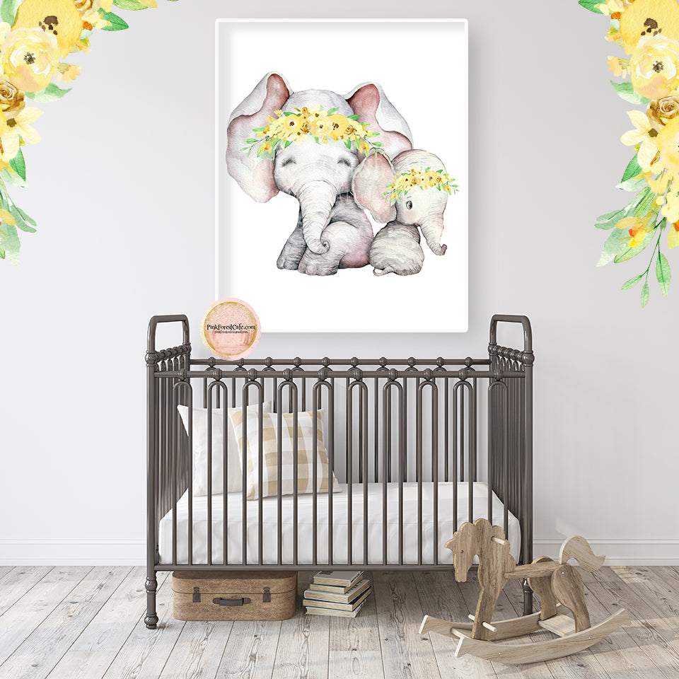 Boho Yellow Elephant Wall Art Print Nursery Baby Girl Room Floral Bohemian Watercolor Printable Decor