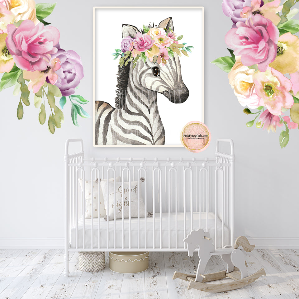 Boho Zebra Watercolor Wall Art Print Nursery Zoo Baby Girl Room Purple Pink Peony Floral Bohemian Safari Watercolor Printable Decor