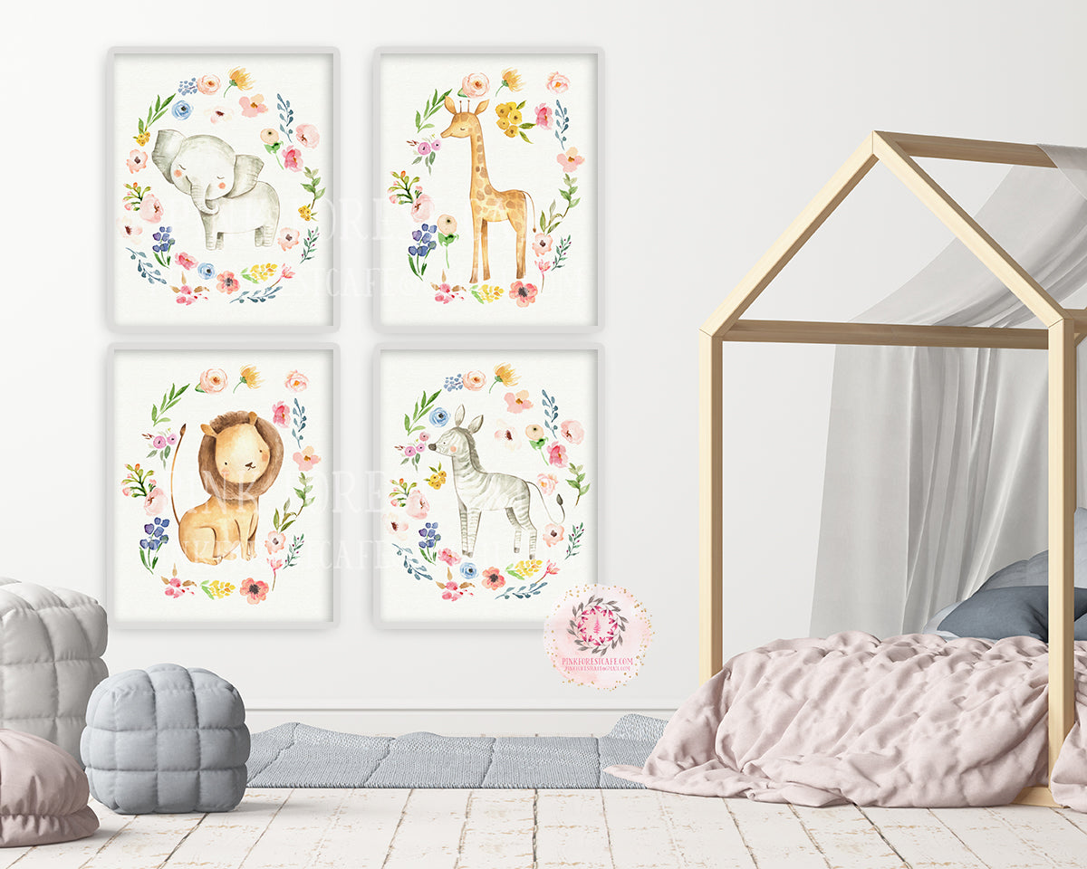 Safari Animal Wall Art Set Of 3 - Lion Elephant Giraffe Framed Nursery Decor, 16x11 Inch